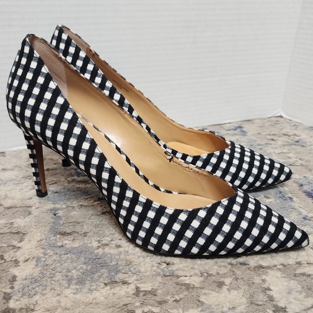 Banana Republic Black White Gingham Plaid Check Pointed Toe Heels Size 9.5